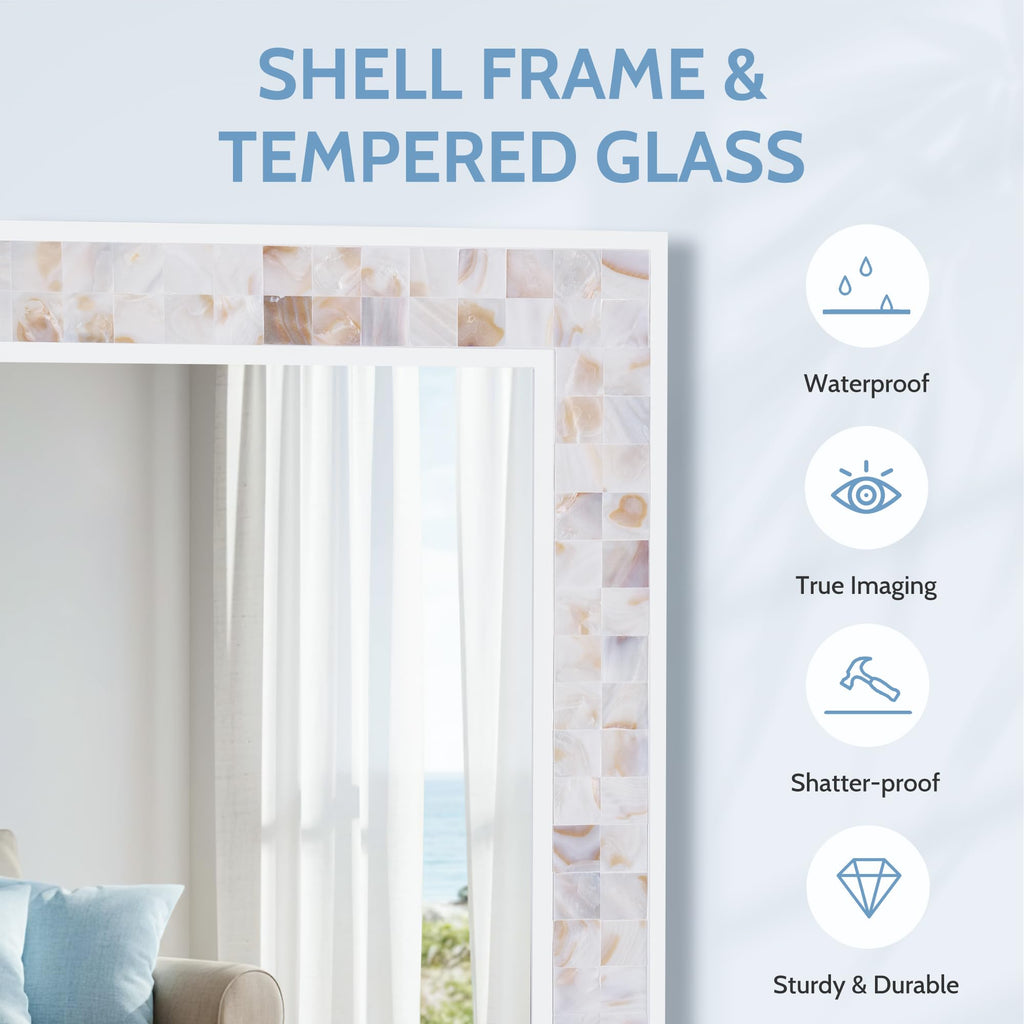 30 x 36 Inch Bathroom Rectangle Wall Mirror, Natural Shell Mosaic Frame