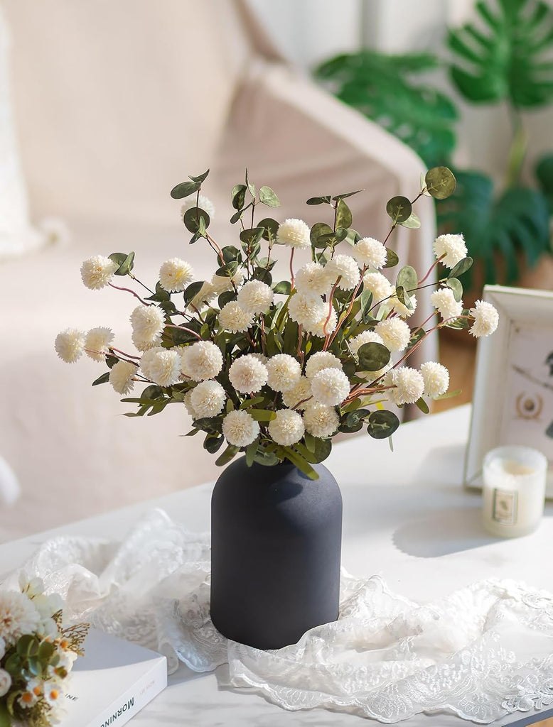 Fake Mum Flowers in Vase, White Dining Table Centerpiece Decor | With Metal Vase 12 Stems of Artificial Mums