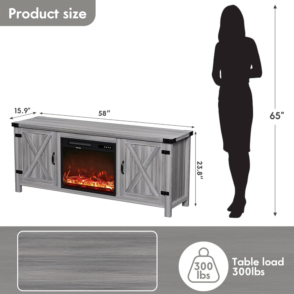 Fireplace TV Stand with Two Barn Doors and Storage Cabinets for Televisions up to 65+ Inch, Entertainment Center