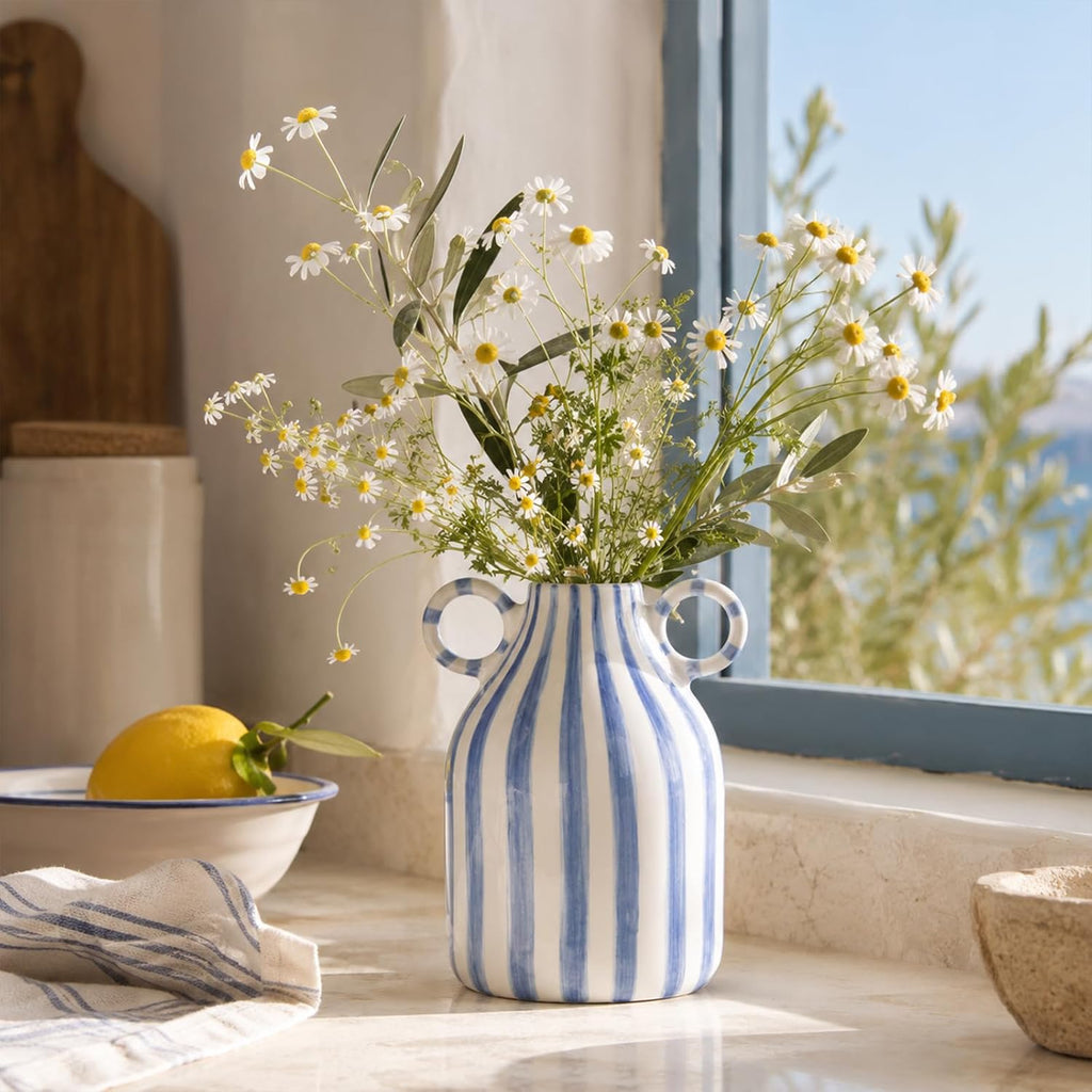 Blue and White Ceramic Vase with Handle, Nordic Boho Small Vases Side Table Flower Centerpiece, Wide Mouth Single
