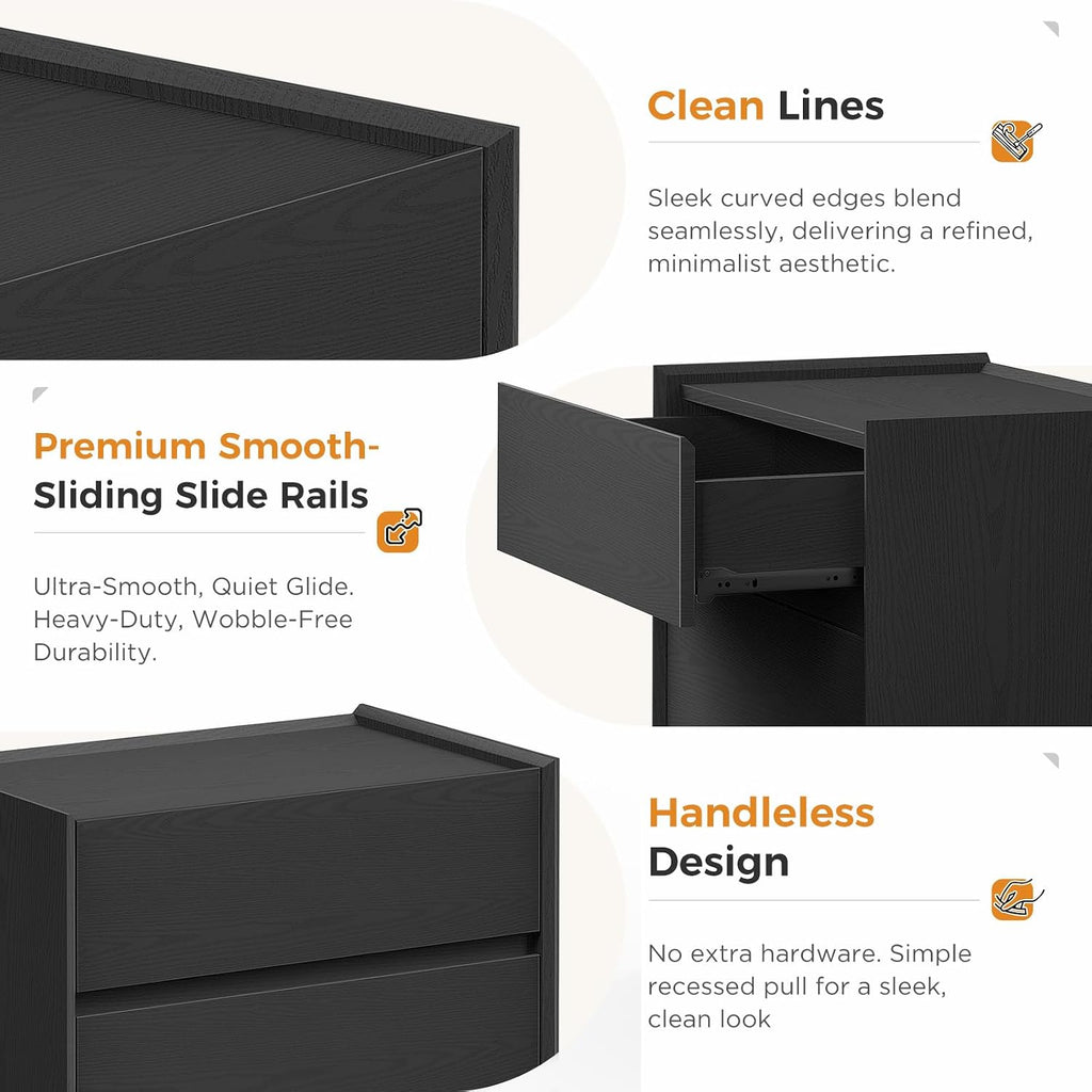Black Night Stand with 3 Drawer, Modern Wood Nightstand with Spacious Storage, Smooth Glide Drawers Sturdy Bedside