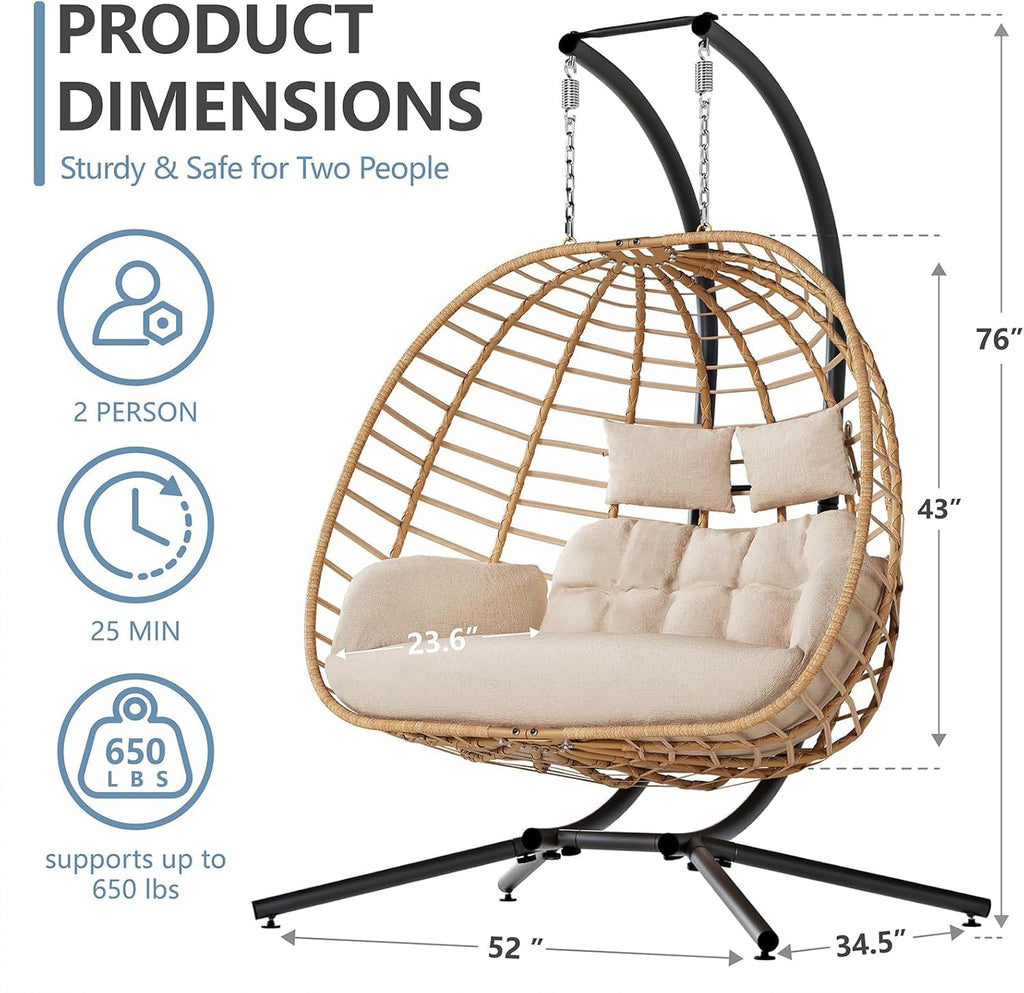 Double Hanging Egg Chair with Stand, Outdoor Patio 2 Person Wicker Hammock Swing Chairs with Cushion Loveseat for