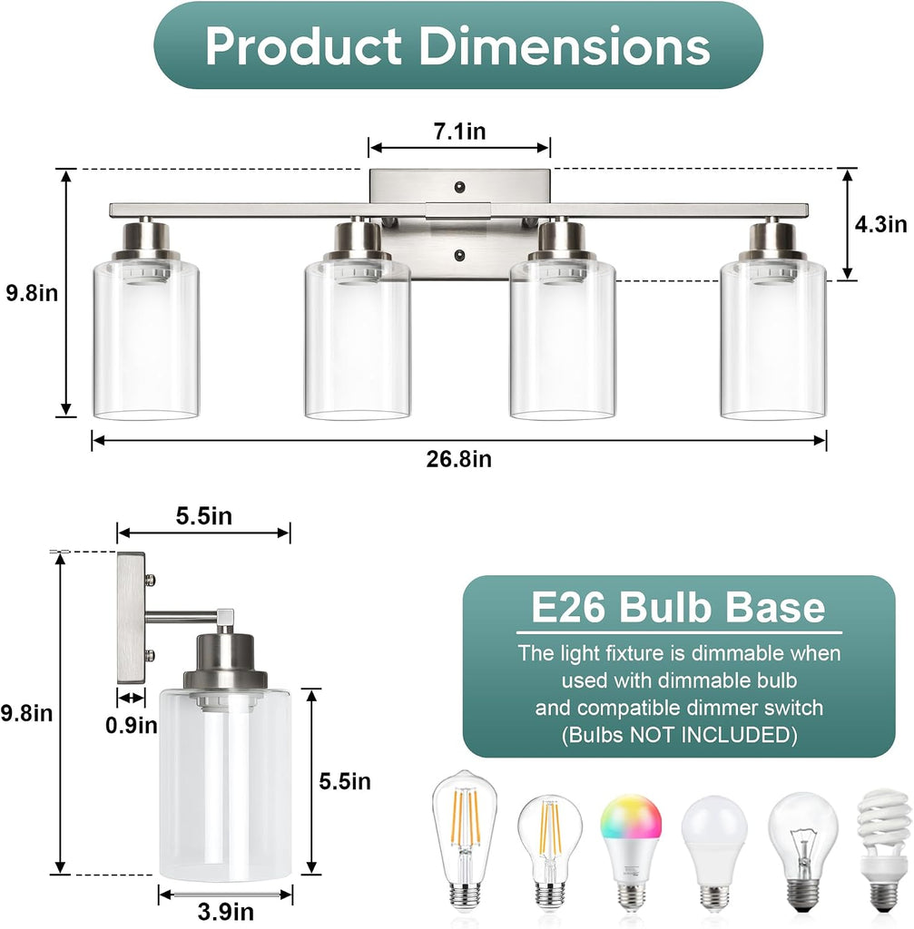 Bathroom Light Fixtures, 4-Light Vanity Light Over Mirror, Brushed Nickel Wall Sconces with Clear Glass Shades, Wall