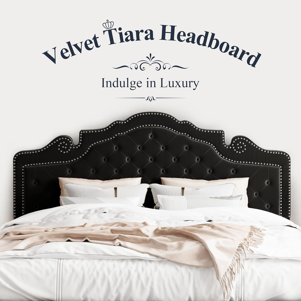 King Bed Frame with Adjustable Velvet Tiara Headboard, Upholstered Diamond Button Tufted Platform Bed