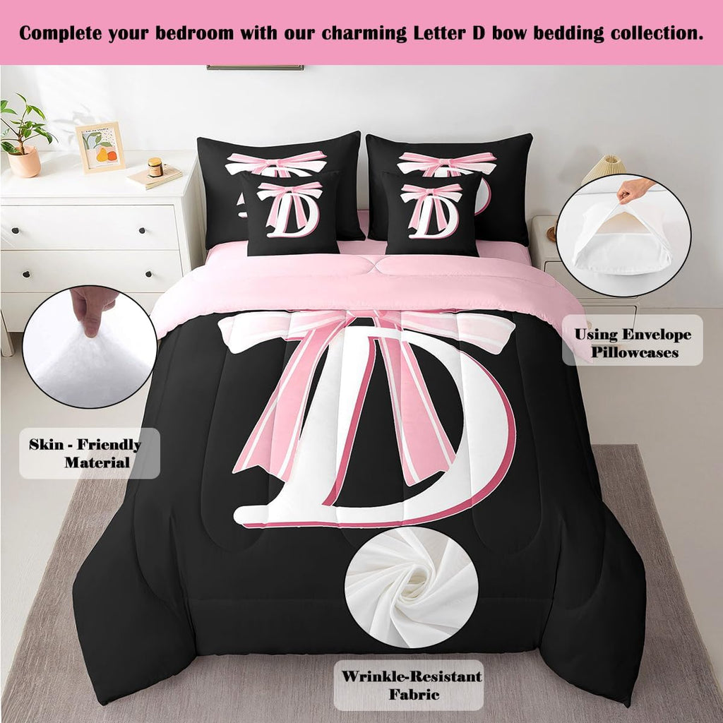 Kids Girls Black Pink Bow Comforter Set with Sheets Monogrammed 7 Piece Bedding Set Personalized