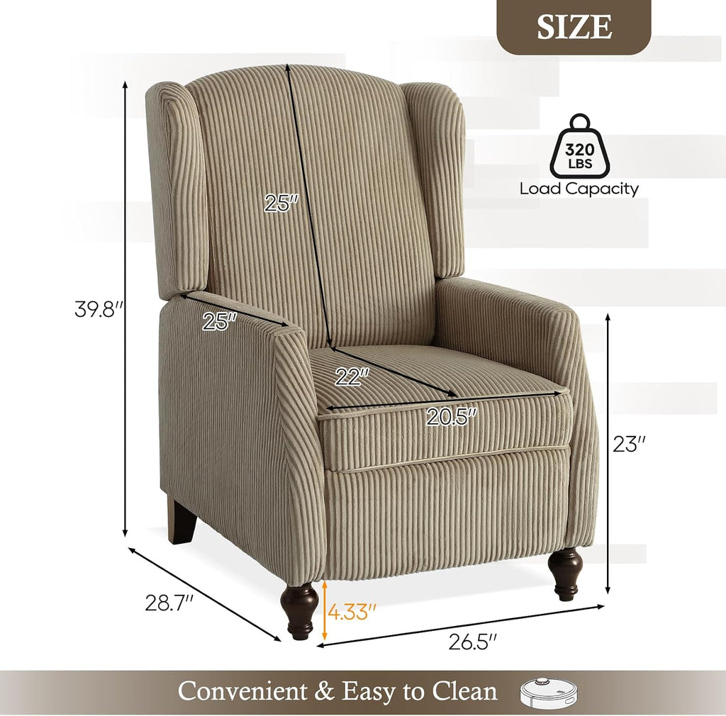 Upholstered Wingback Recliner Chair, Cozy Corduroy Manual Push Back Recliner (1, Khaki)