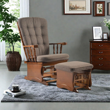 Anti-Pinch Glider Chair with Ottoman, Antique Espresso | Solid wood glider rocker with high back cushion, anti-pinch