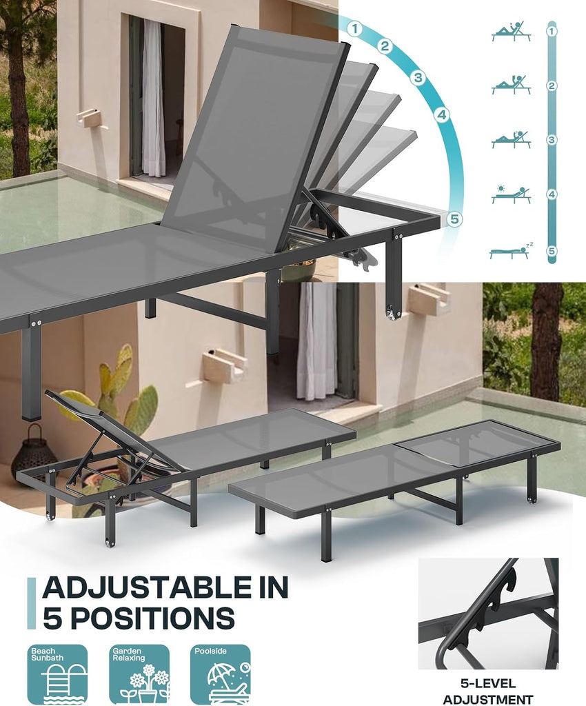 Outdoor Lounge Chairs Set of 2, Aluminum Pool Lounge Chairs with Wheels and 5-Position Recliner -Easy to Move- Patio