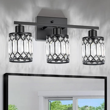 Crystal Modern Bathroom Light Fixtures, 3-Light Black Bathroom Vanity Wall Light, Vanity Lights for Mirror, Restroom