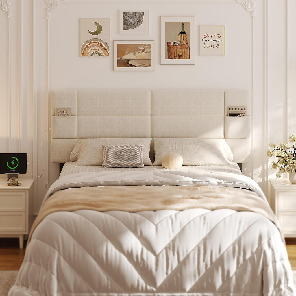 Upholstered Headboard Full/Queen with USB & Type C Port, Headboard Only Adjustable Height from 42" to 48", 2 Storage