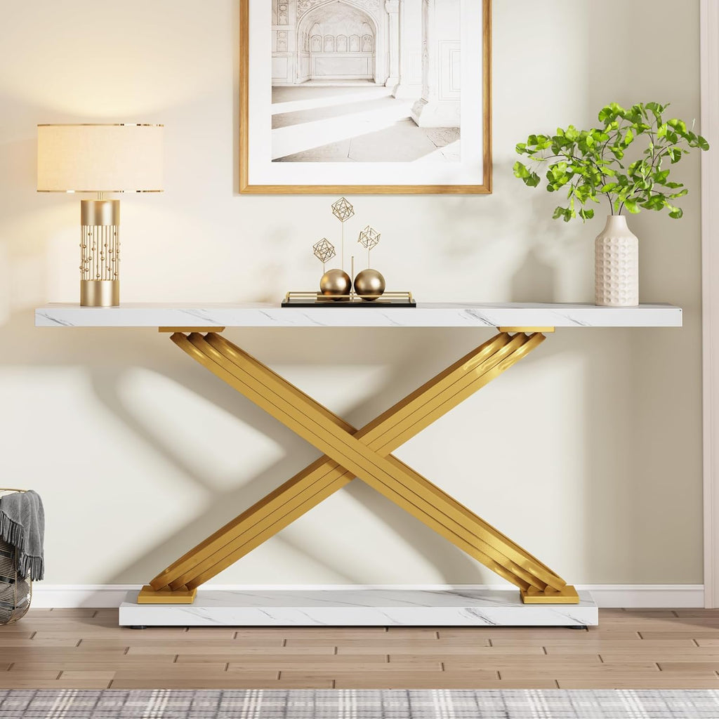 55 Inch Modern Console Table, Gold Entryway Table Behind Sofa Couch, Narrow Rectangular Sofa Table , Front Hall