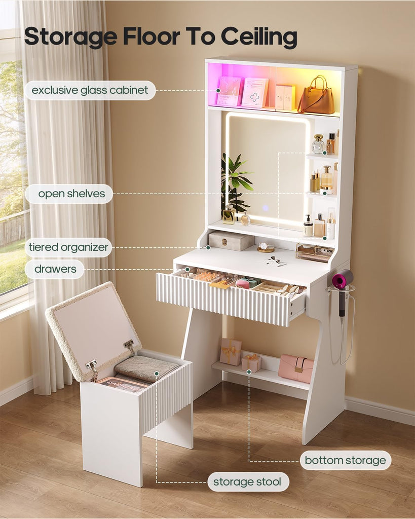 Small Vanity, Fluted Desk with Mirror and Lights, Stool, Charging Station | Sound sync RGB lights, LED glass cabinet