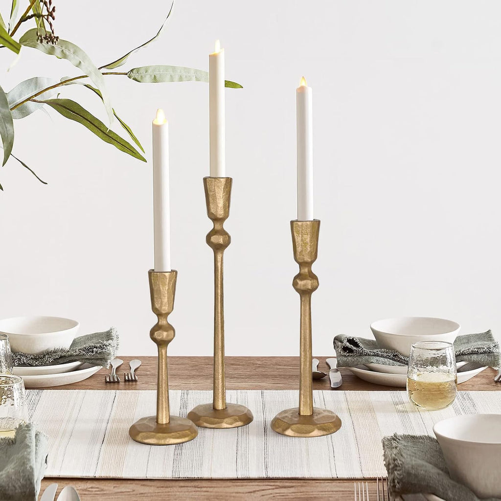 Antique Brass Iron Taper Candle Holder - Set of 3 Decorative Candle Stand, Candlestick Holder for Wedding, Dinning