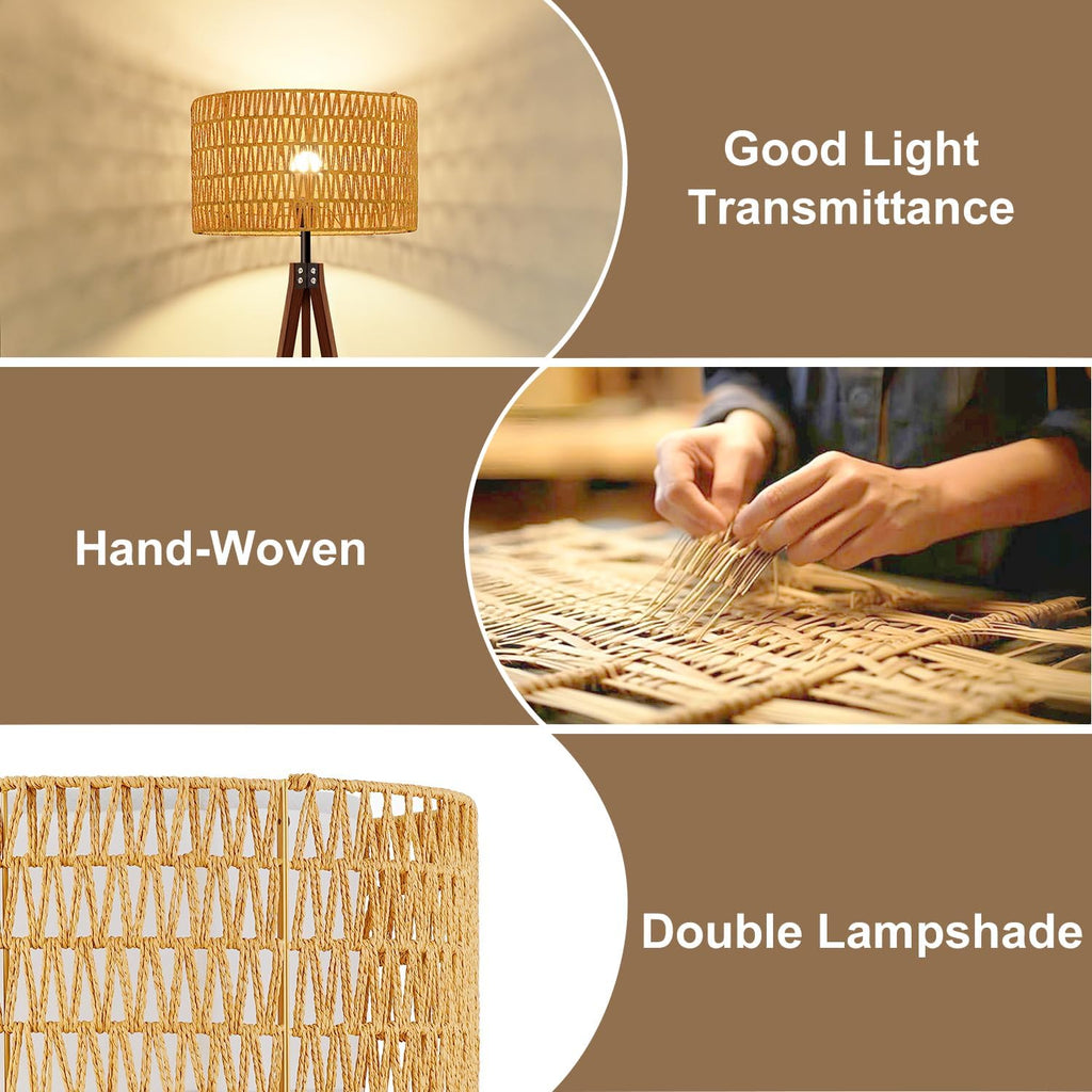 Rattan Wood Floor Lamp Tripod with Shelves, Mid Century Modern Floor Lamps, 3 Color Temperatures with Foot Switch