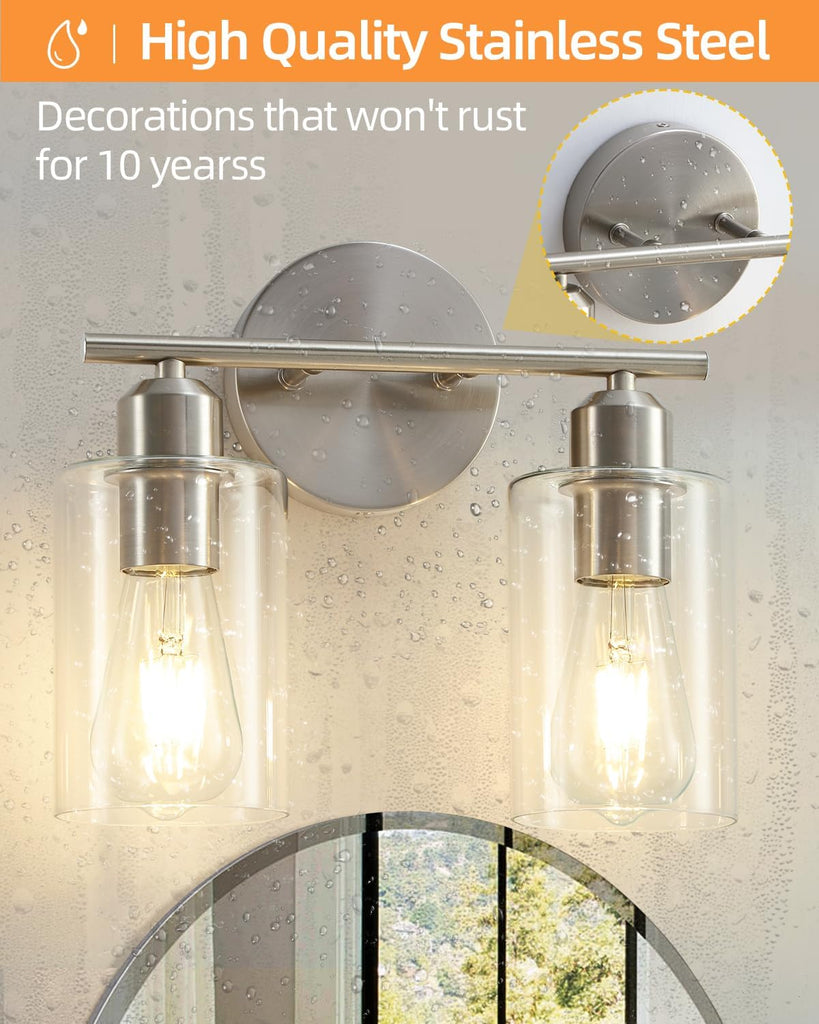 Bathroom Light Fixtures, 2-Light Brushed Nickel Vanity Lights, Modern Bathroom Lighting Fixtures Over Mirror with