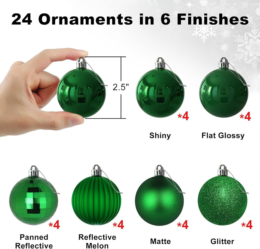 Emerald Green 2.5" Christmas Balls Christmas Tree Decoration Ornaments Shatterproof Hanging Balls for Birthday St. - Set of 24