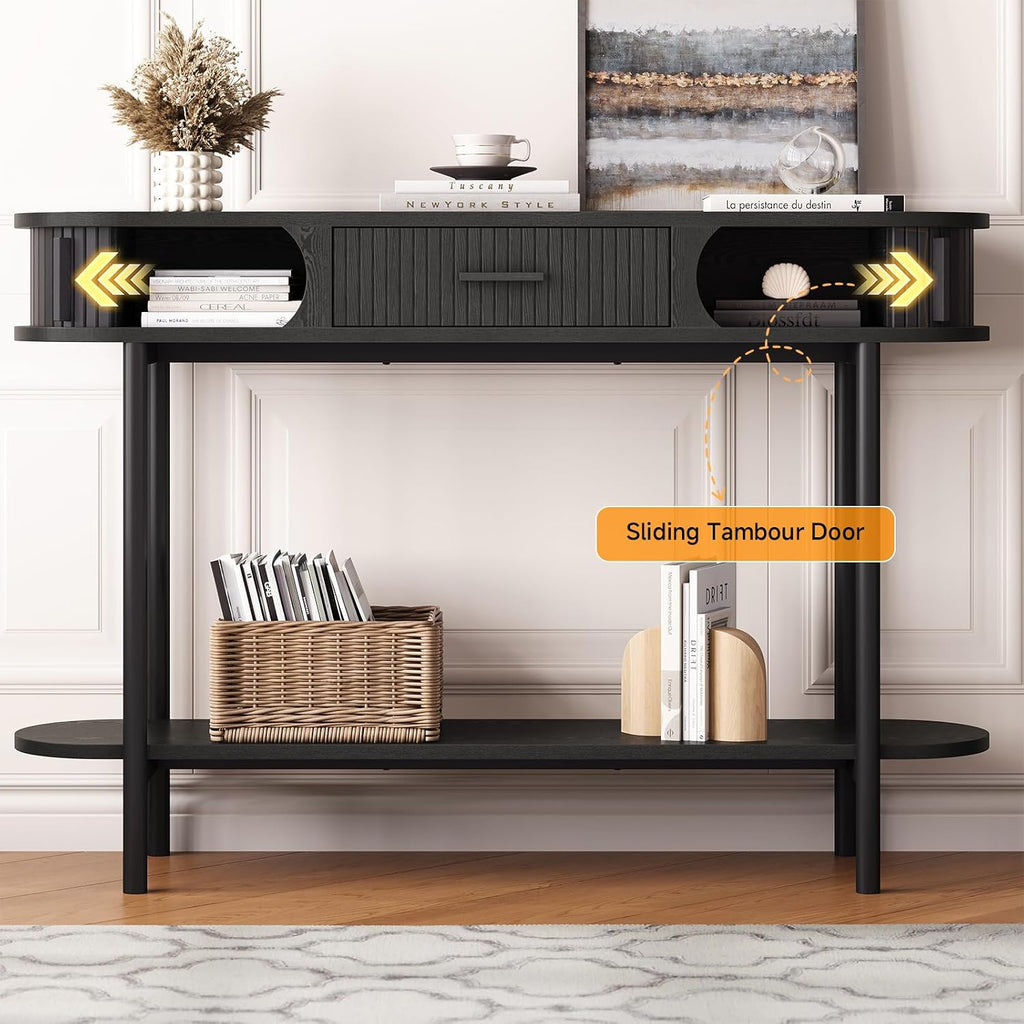 47 Inch Fluted Console Table with Drawers, Entryway Table with Storage, Oval Sofa Tables Behind Couch, Mid-Century