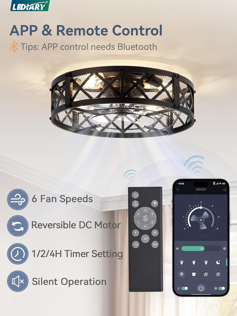 20" Caged Ceiling Fan with Light, APP&Remote Control, Small Flush Mount Farmhouse Fan Lights