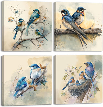 Blue Bird Stretched Canvas Wall Art for Bathoom Bedroom Home Decoration, Beautiful Lively Animal Family Picture Print