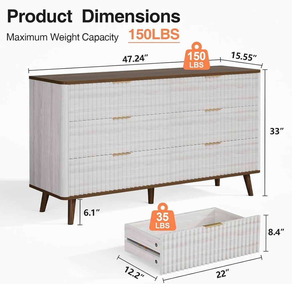 Fluted 6 Drawers Dresser, 47" Wide Wooden Chest of Drawers, Modern Mid Century Storage Closet Long Large Dresser