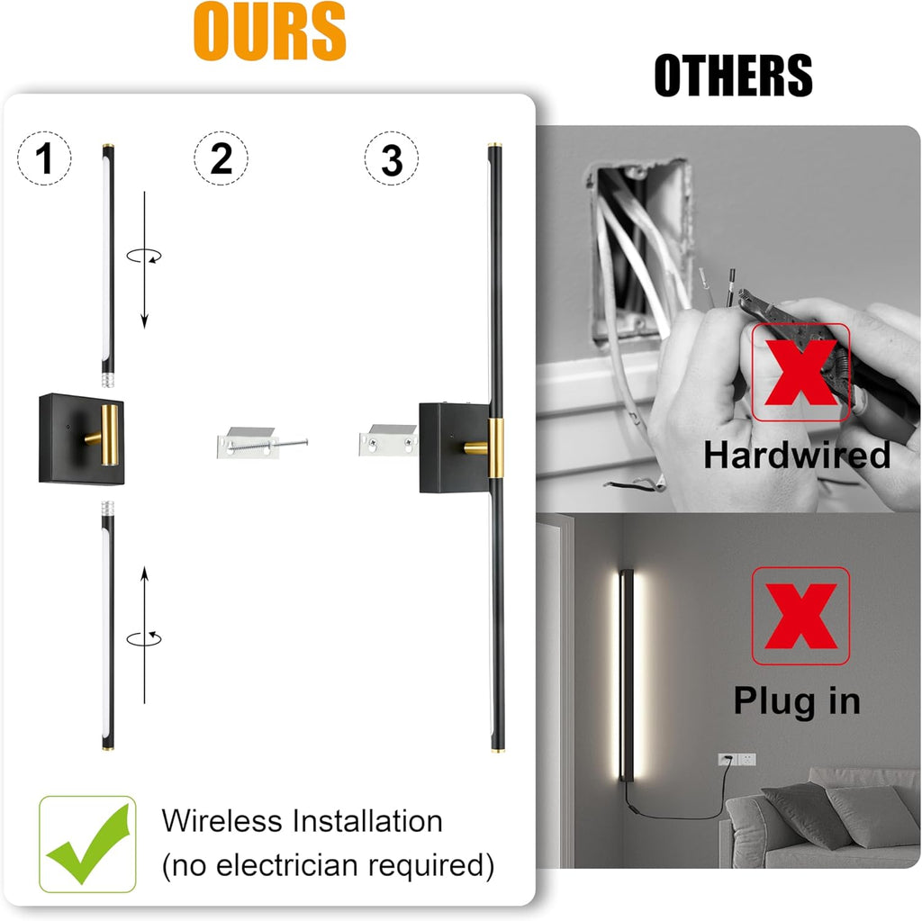10000mAh Battery Operated Wall Sconces Set of 2, 3 Color Dimmable Rechargeable Wall Light with Remote, 24 Inch Black