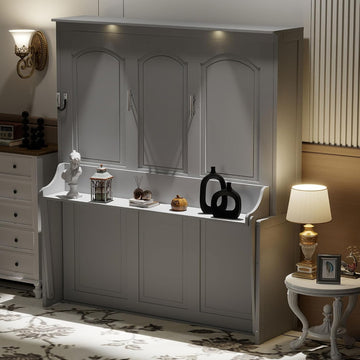 Queen Murphy Bed with Desk, Hideaway Wall Bed Frame with LED Lights and USB Ports, Folding Murphy Cabinet Bed for