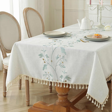 Embroidered Tablecloth Rectangle 55 x 75 Inch, Farmhouse Otanical Floral Table Cloth Waterproof Wash
