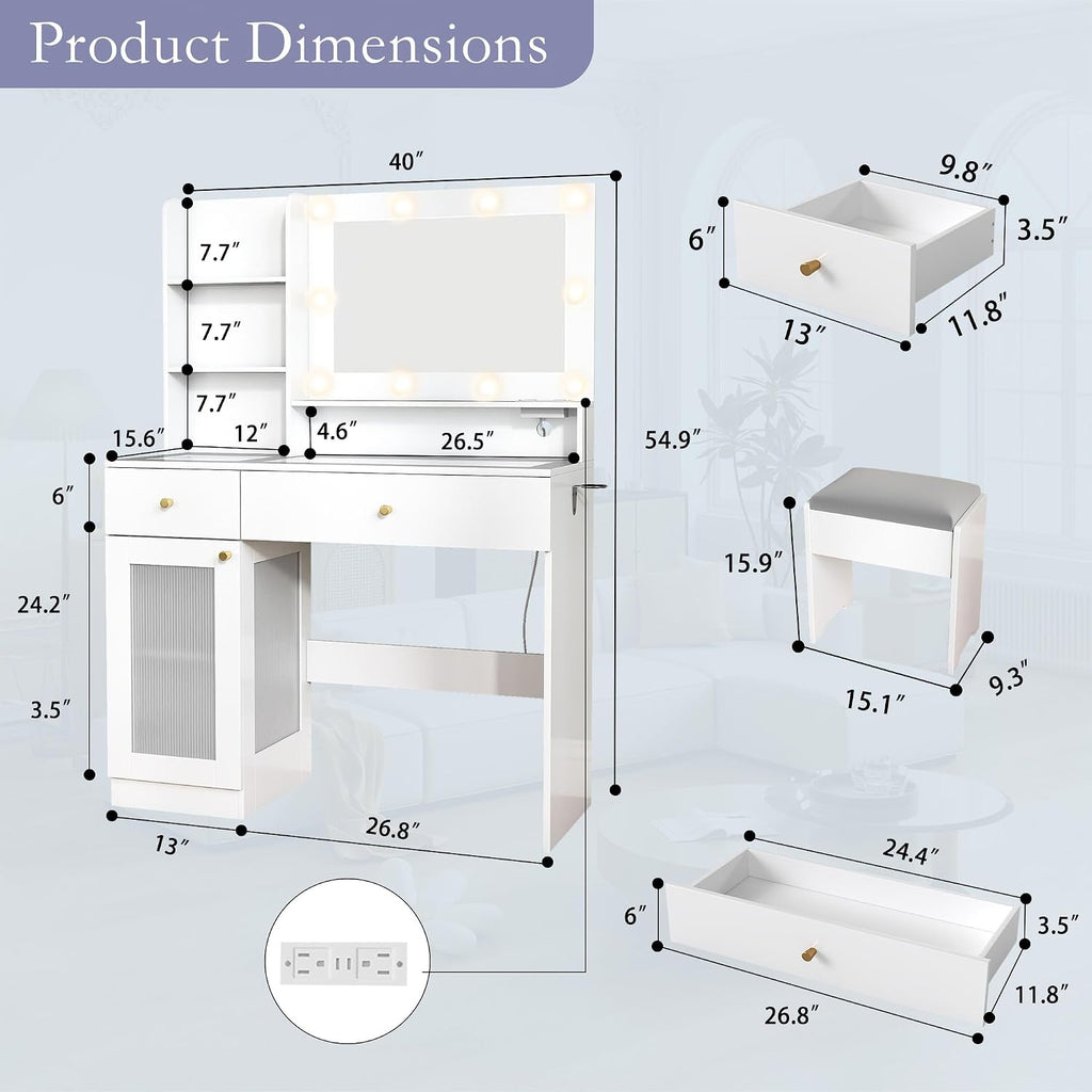 Vanity Desk with Mirror and Lights: 40" White Makeup Vanity with Glass Top, Wood Dressing Table with Drawers and