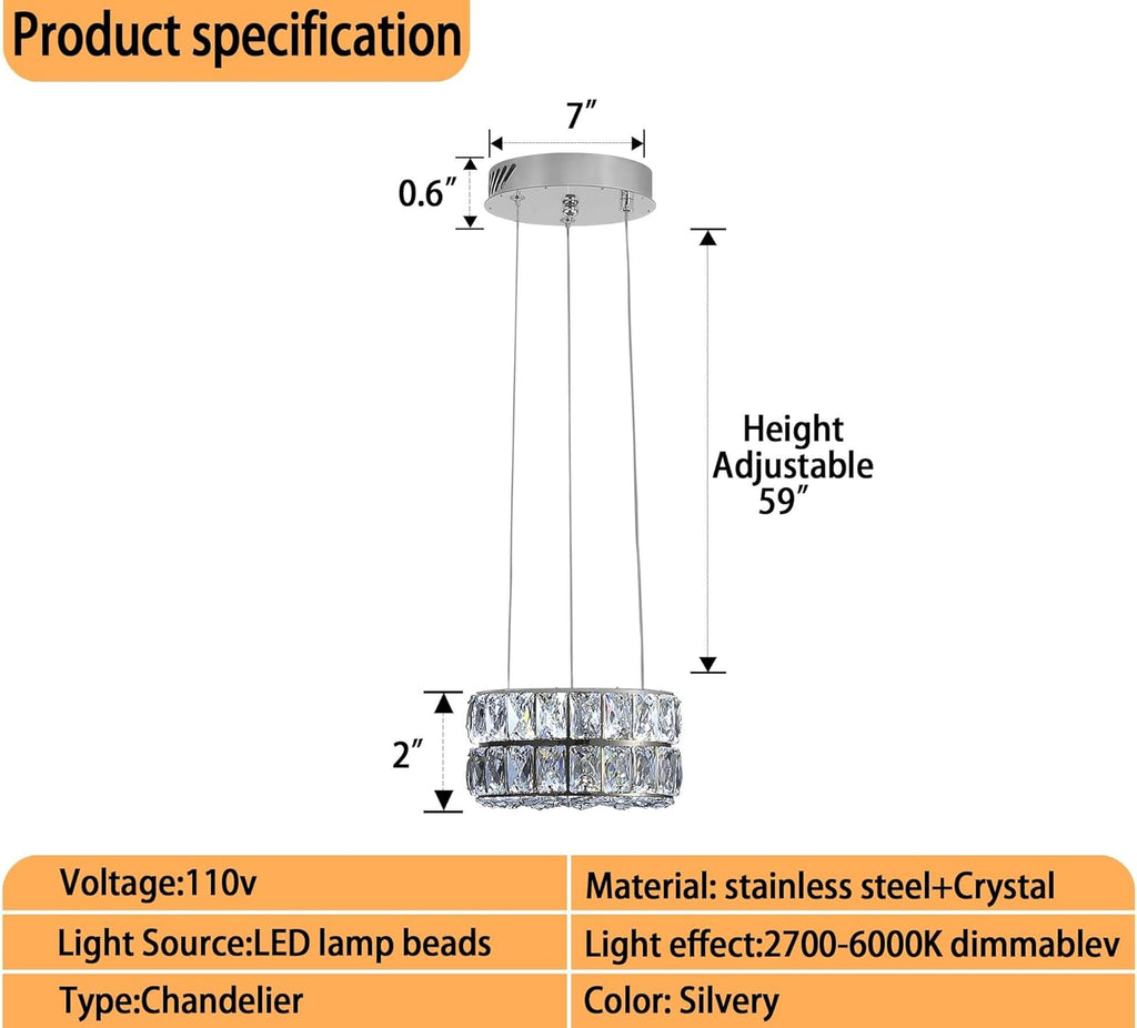 Modern Crystal Chandelier for Dining Room Luxury Silver Crystal Chandelier for Living Room Dimmable LED 11.8" Ring Pendant Light Adjustable Dimmable 2700k-6000k