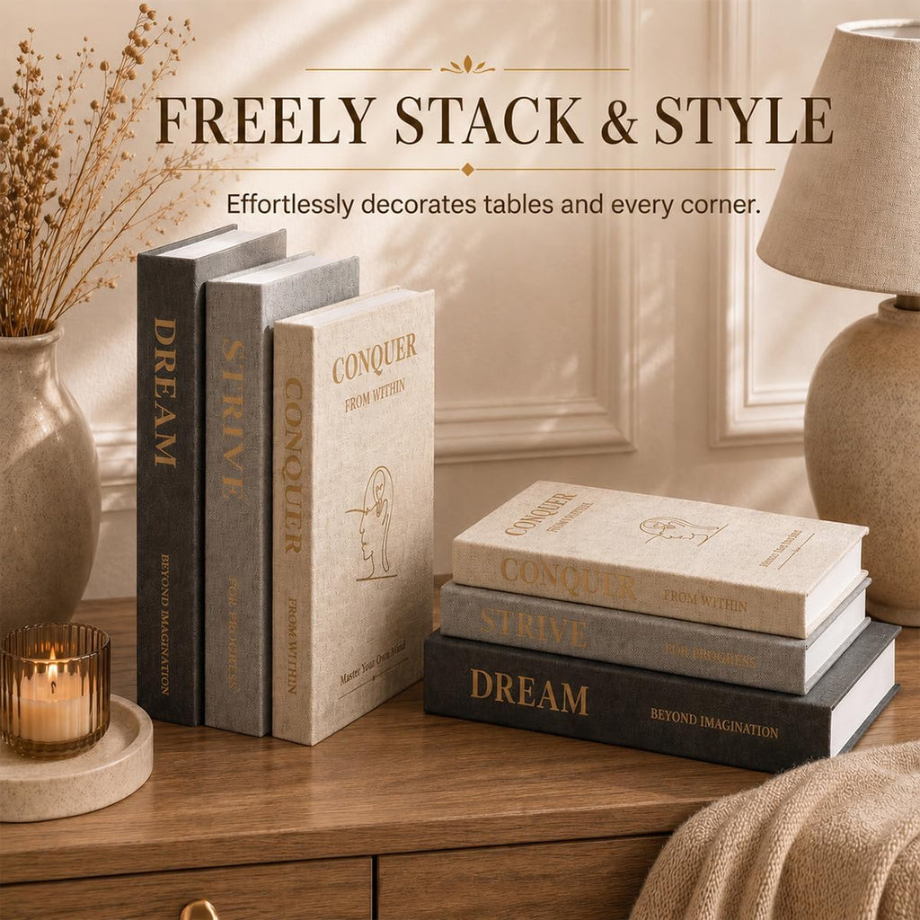 Coffee Table Books Decor, Set of 3 Neutral Linen Decorative Books with Gold Foil Inspirational Quotes for Desk