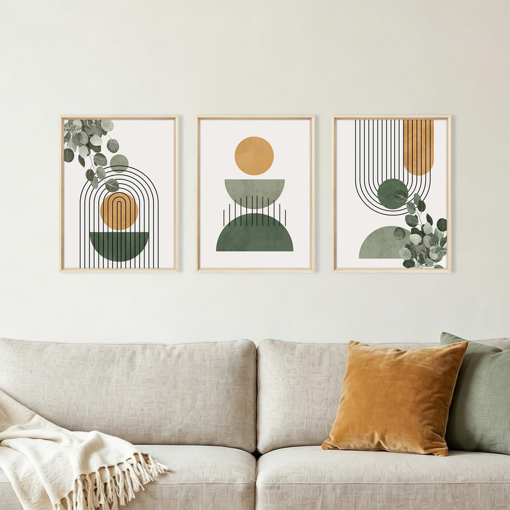 Boho Sage Green Leaves Framed Canvas Wall Art Set,Abstract Mid Century Geometric Arch Line Circle Decor,Modern