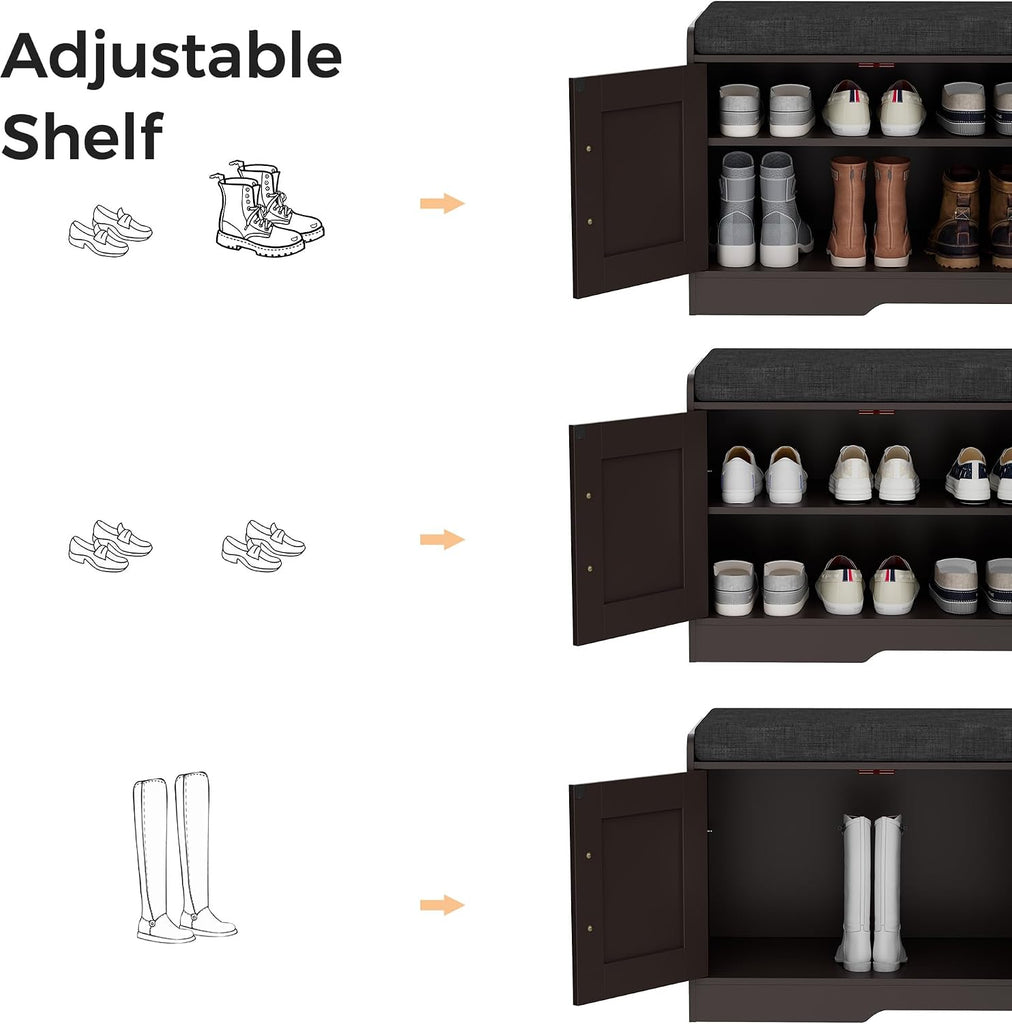 2-Tier Storage Bench, Shoe Bench with Thickened Padded Seat Cushion, Entryway Bench with 4 Doors, Adjustable Shelf