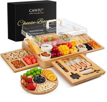 Large Bamboo Charcuterie Board Set with Lid, Drawers, Cream | Includes serving utensils and a fruit tray for easy