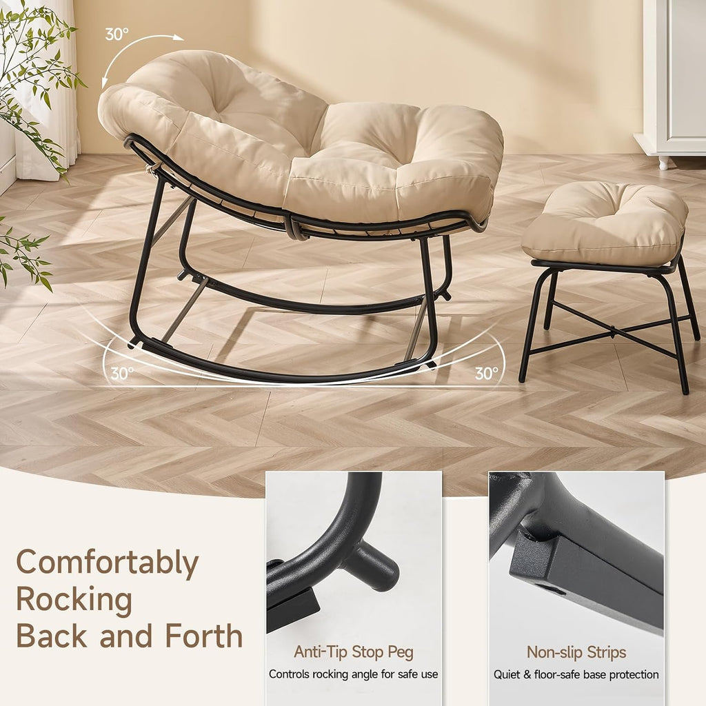 Outdoor Rocking Chairs with Ottoman, Papasan Rocking Chair, Beige | Oversized Lounge Rocker with Padded Cushions