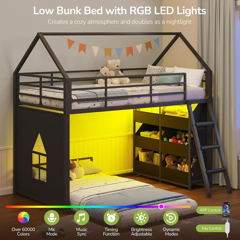 Low Bunk Bed Twin Over Twin with Toy Storage Organizer-6 Removable Bins, Floor Bunk Beds with LED Lights
