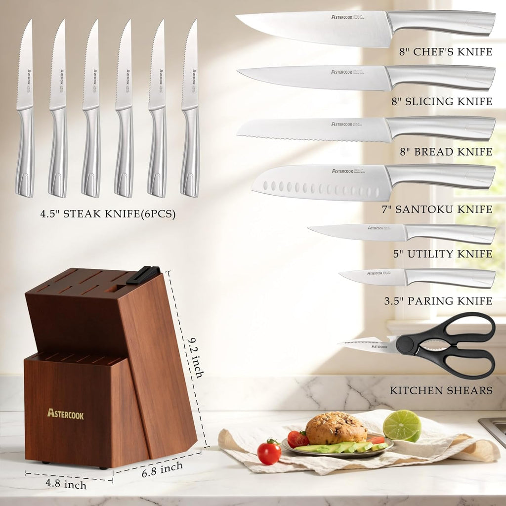 Knife Set, Kitchen Knives Set with Block and Sharpener Full Tang 15 Pcs Stainless Steel Knives, Dishwasher Safe Knife