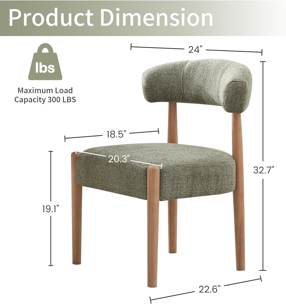 Wooden Dining Chairs Set of 2, Modern Upholstered Dining Room Chairs with Rubberwood Legs and Curved Backrest, Fabric