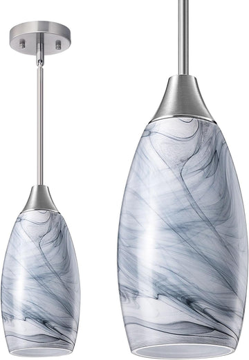 Pendant Light Fixture, Handcrafted Art Glass Hanging Light, Hardwired Ceiling Light, Grey Marble Glass Shade