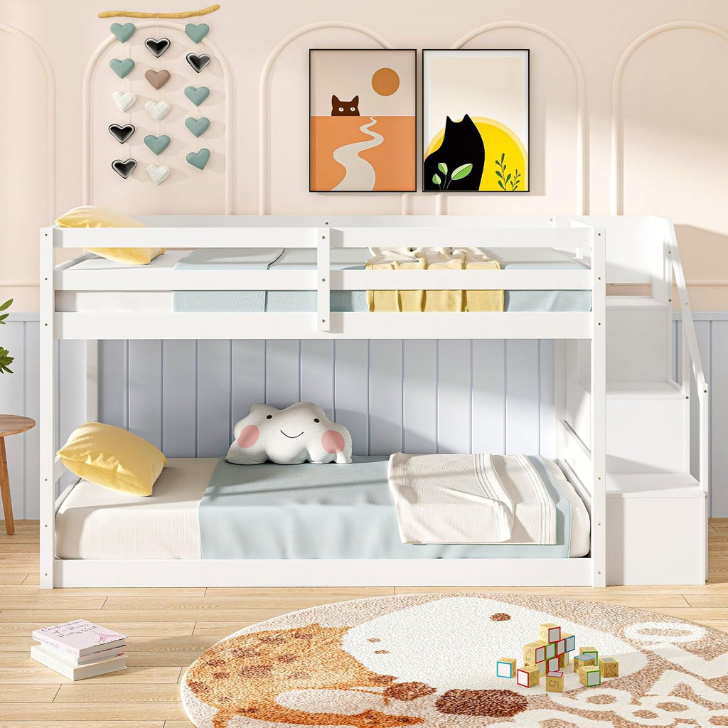 Twin Over Twin Bunk Bed with Stairs, Solid Wood Floor Bunk Bed with Storage Staircase & Full-Length Guardrails