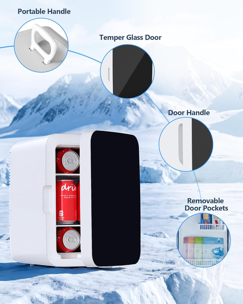 10L Compact Mini Fridge, Portable Small Refrigerator, Small Cosmetics Cooler, 2.6 Gal Mini Fridge with AC/DC Adapters