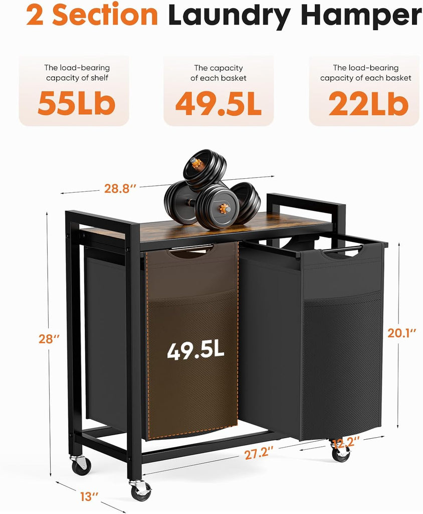 Laundry Hamper with 2 Pull-Out Removable Sorter Bags, Movable Wheels, Freestanding Clothes Basket Organizer , 2 x