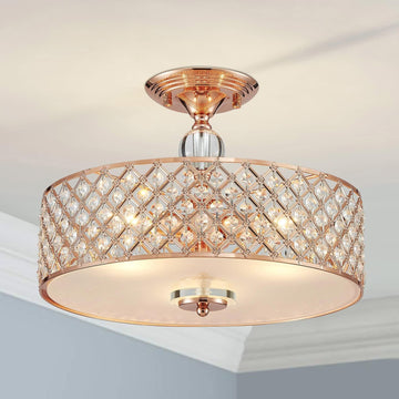 Semi Flush Mount Ceiling Chandelier, 3-Light Modern K9 Crystal Ceiling Light Fixture for Dining Room,Livingroom,Bedroom, H11 x D15.4, Rose Gold Finish