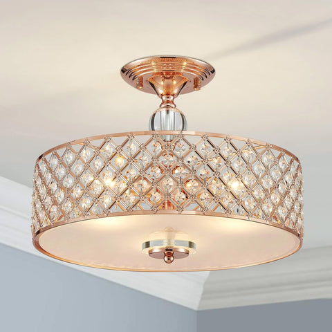 Semi Flush Mount Ceiling Chandelier, 3-Light Modern K9 Crystal Ceiling Light Fixture for Dining Room,Livingroom,Bedroom, H11 x D15.4, Rose Gold Finish A100-B0B563H6Q3