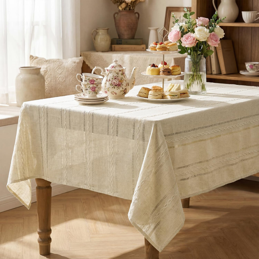 Beige Cotton Blend Tablecloth 60×84 Inch Rectangular, Farmhouse Style, Wrinkle Resistant Washable Ta