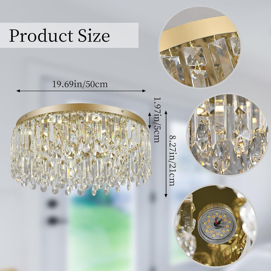 19.7" Gold Crystal Chandelier, Modern Flush Mount Ceiling Light Fixture Luxury Tri-Color LED Lighting for Living Room
