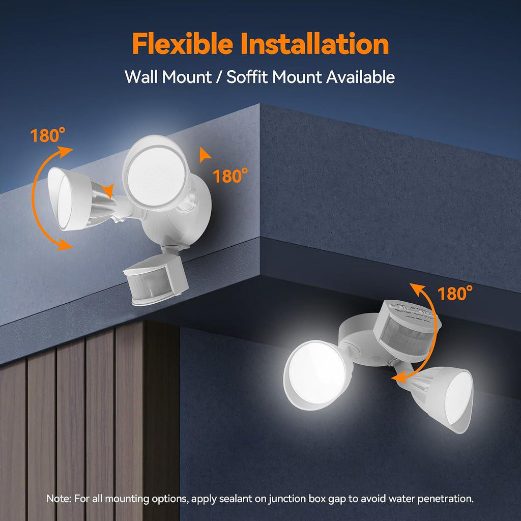 45W 5500LM PIR Motion Sensor Outdoor Lights, Dual Head LED Flood Light, 5000K Daylight, IP65 Waterproof Hardwired