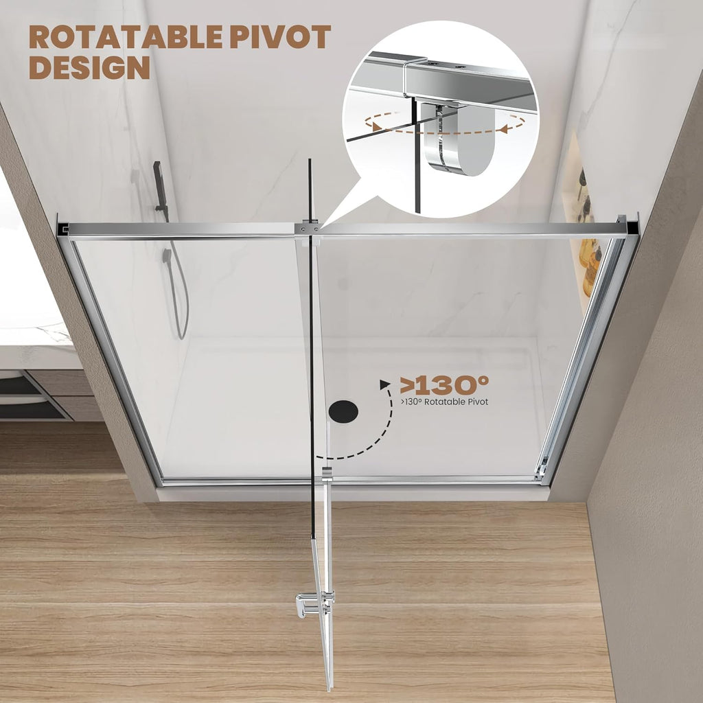 44-48”W x 74" H Pivot Shower Door, Shower Glass Door with 1/4" (6mm) Clear SGCC Tempered Glass