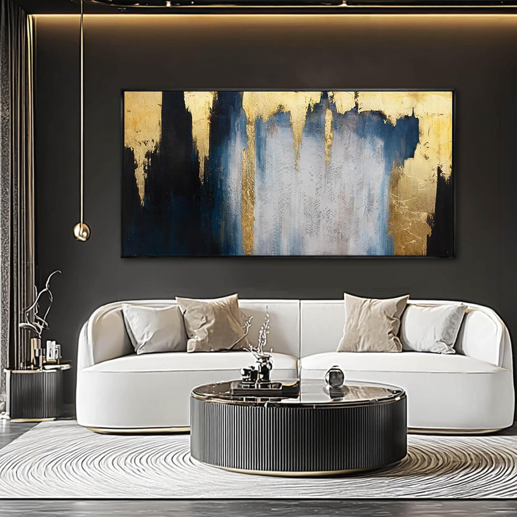 Abstract Blue and Gold Wall Art with Black Frame Modern Canvas Painting Large Artwork Bedroom Office Home