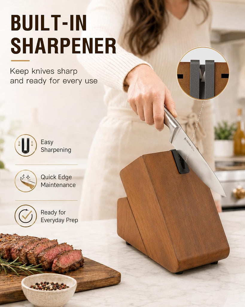 Knife Set 15 Piece German Steel Kitchen Knife Block Set | Wooden Block with Built-in Sharpener, One-Piece Design