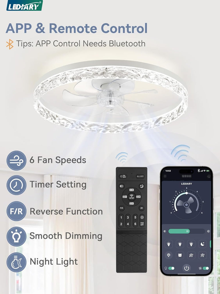 20" Modern Ceiling Fans with Lights and Remote, Dimmable Low Profile Ceiling Fan, Flush Mount Ceiling Fan